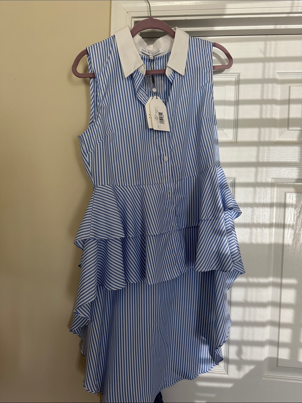 English Factory Blue and White Stripe Ruffle Hi-Low Dress with White Collar